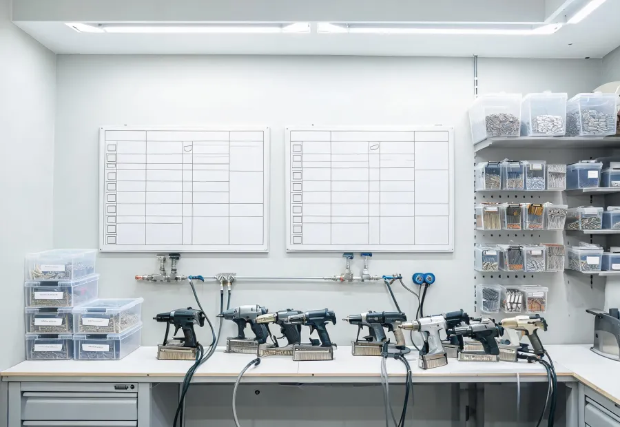 Senco workshop with pneumatic tools and fastener bins