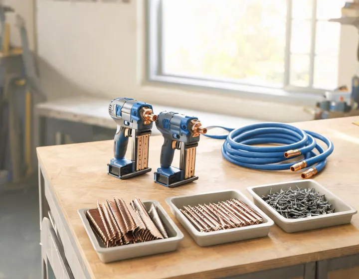 Senco pneumatic nailer and collated fasteners on a jobsite bench