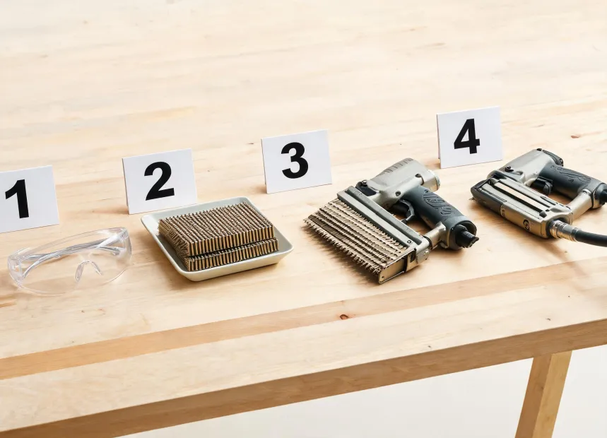 Step-by-step pneumatic nailer setup guide on a workbench