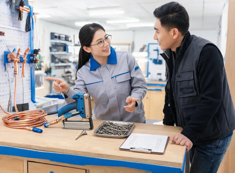 Senco support specialist explaining pneumatic tool setup